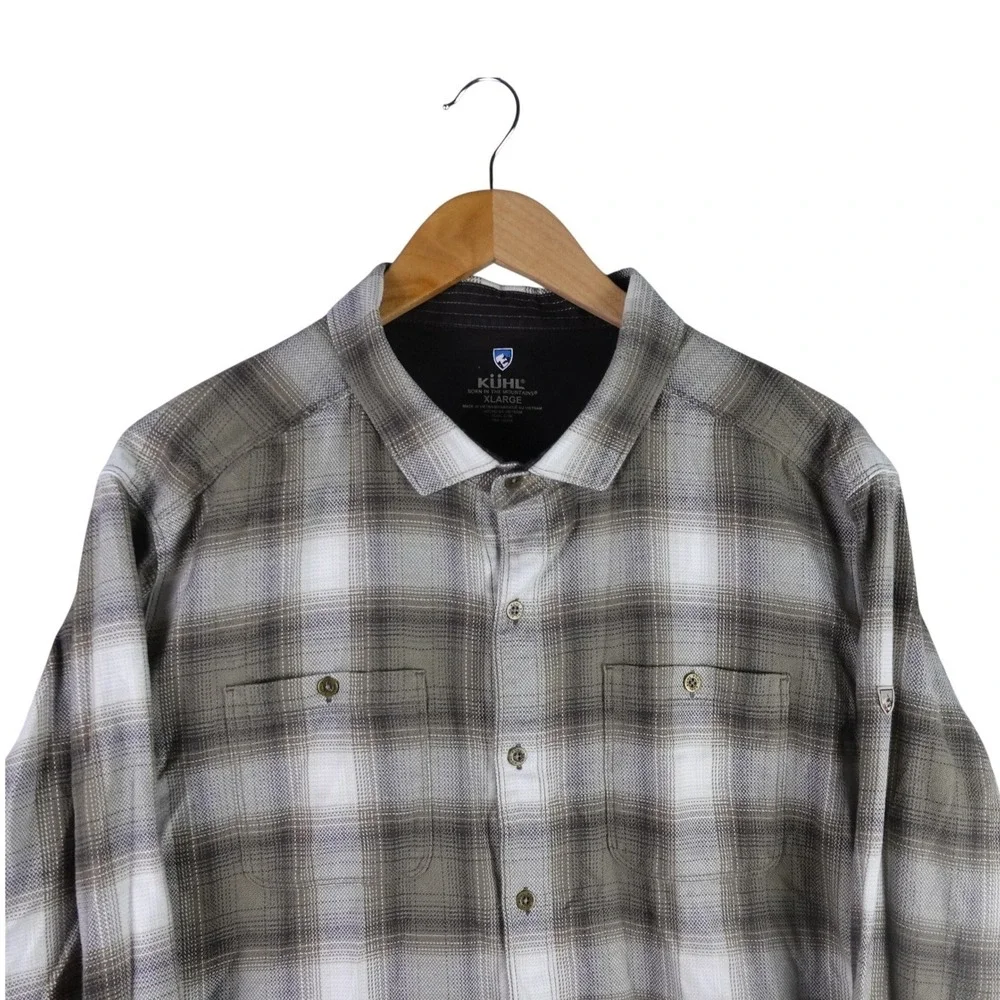 Kuhl Mens XL Brown White Plaid Long Sleeve Button Down Shirt Dual Pocket